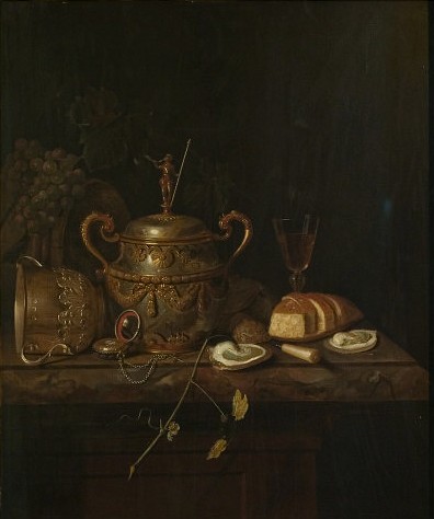 Image: 2. Pieter van Roestraten 1630-1700. 
A Porringer, German Cup and Oysters c.1680.  
Lent by the Victoria and Albert Museum, London. 